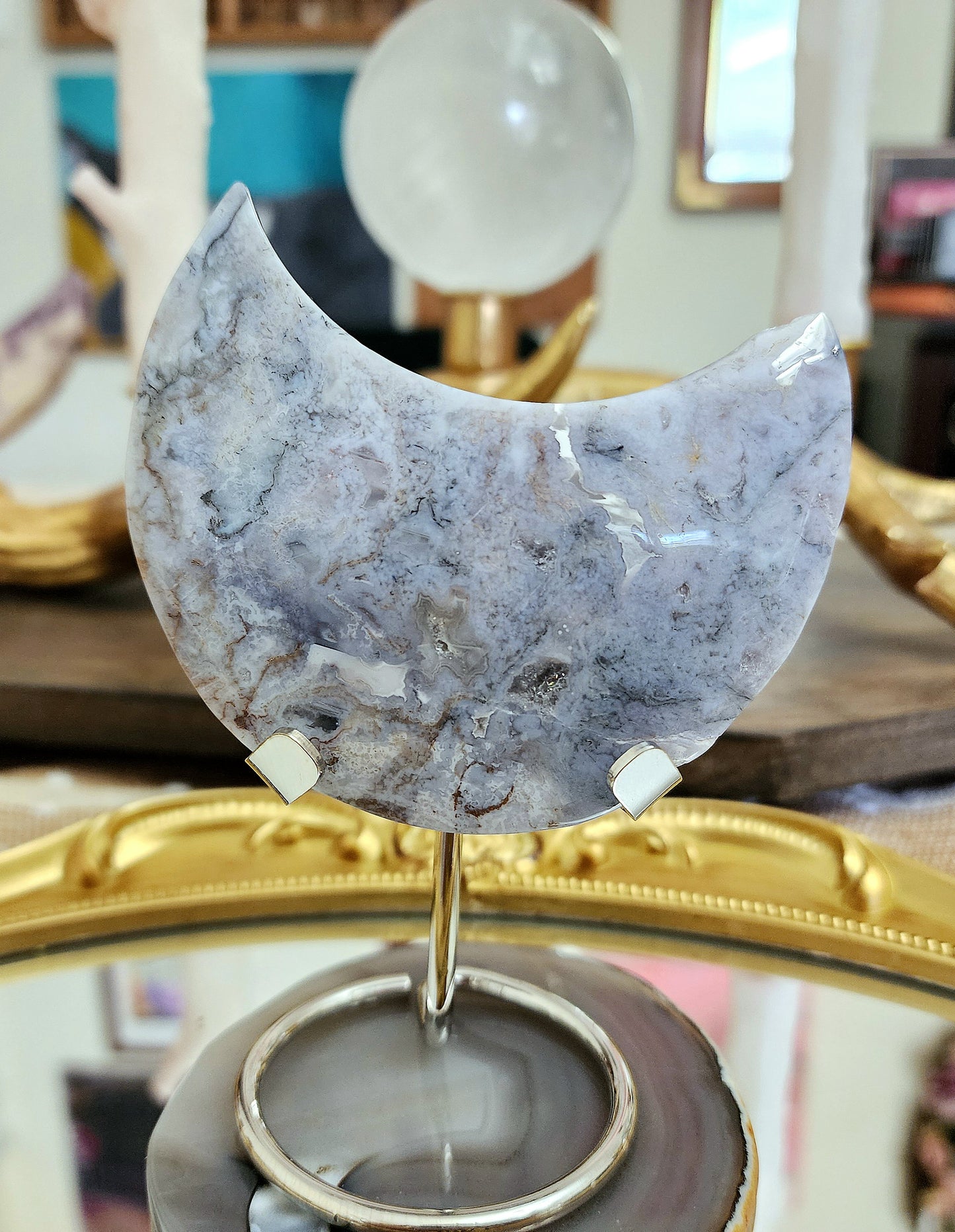 Druzy Blue Moss Agate Moon