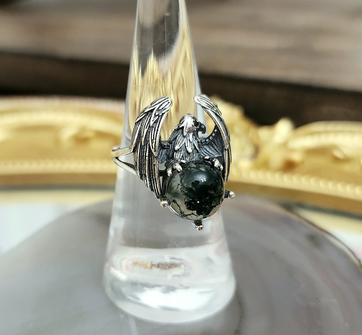 Moss Agate Eagle Ring