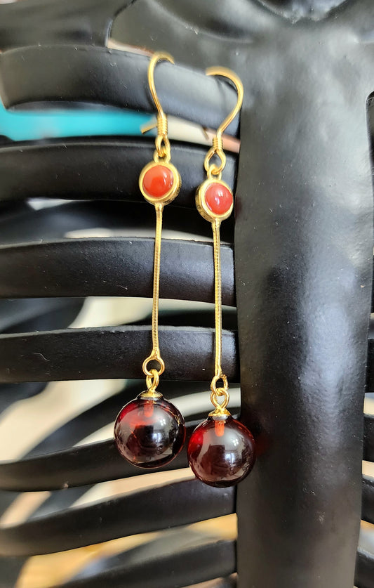 Amber and Carnelian Drop Earrings