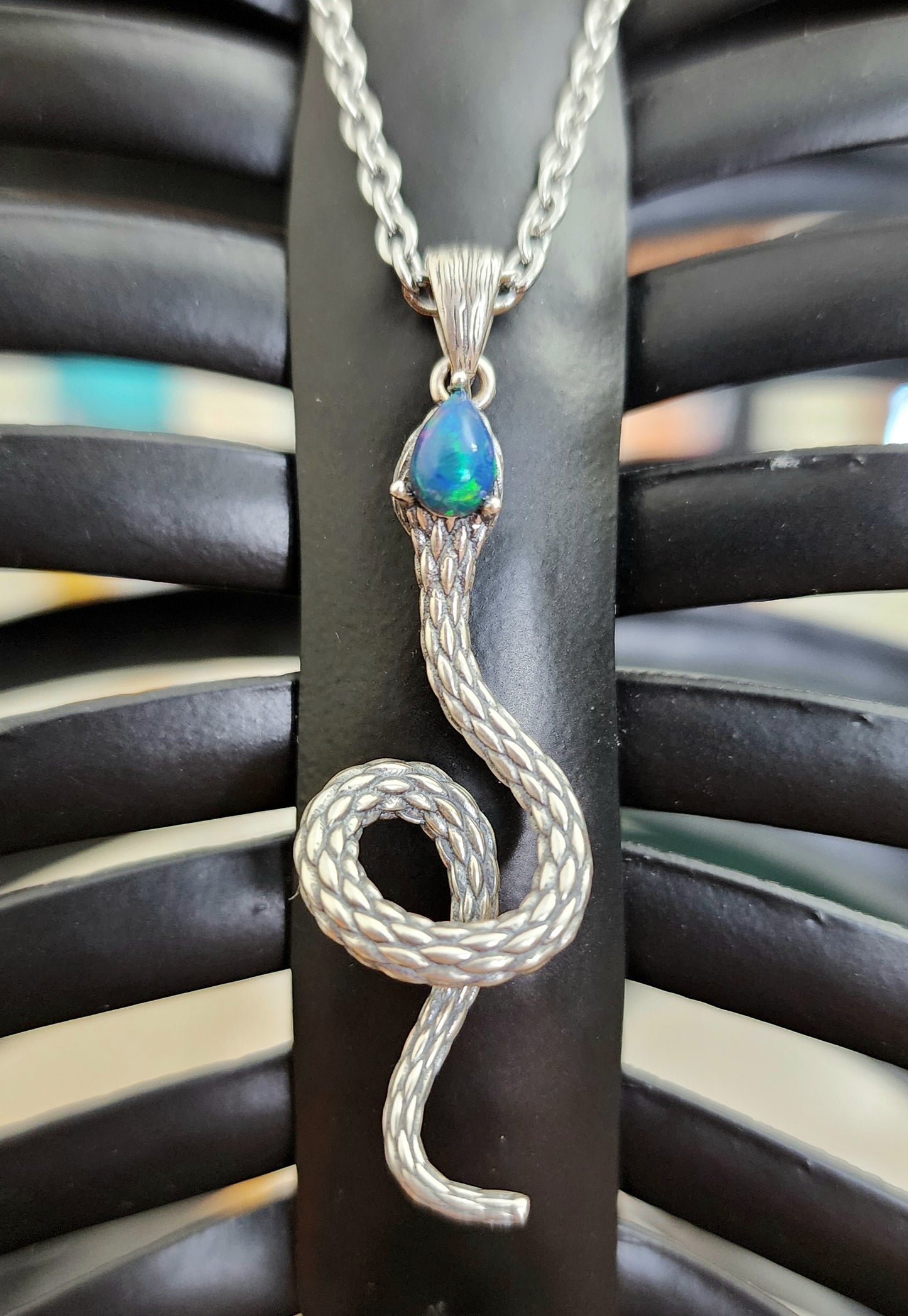 Black Opal Silver Snake Pendant