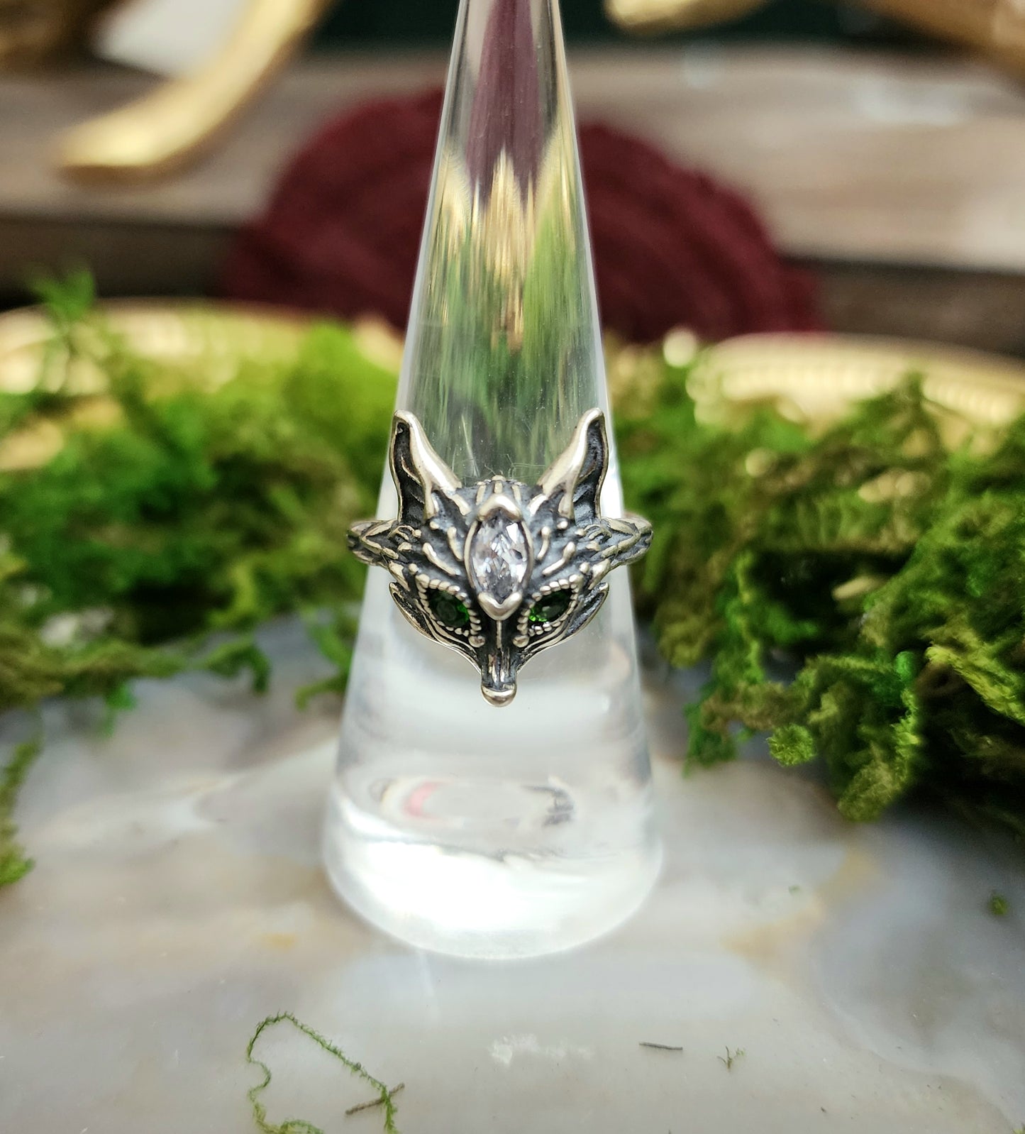 Diopside and Clear Quartz Silver Fox Ring