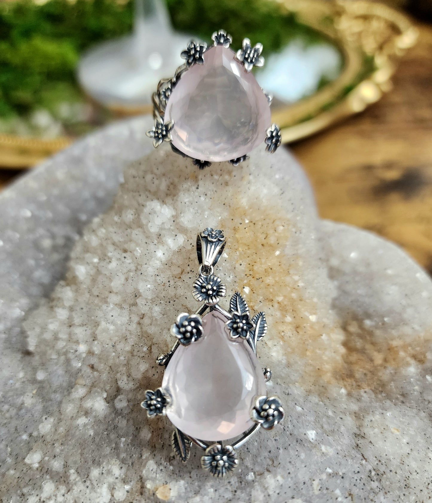 Faceted Rose Quartz Ring and Pendant Set