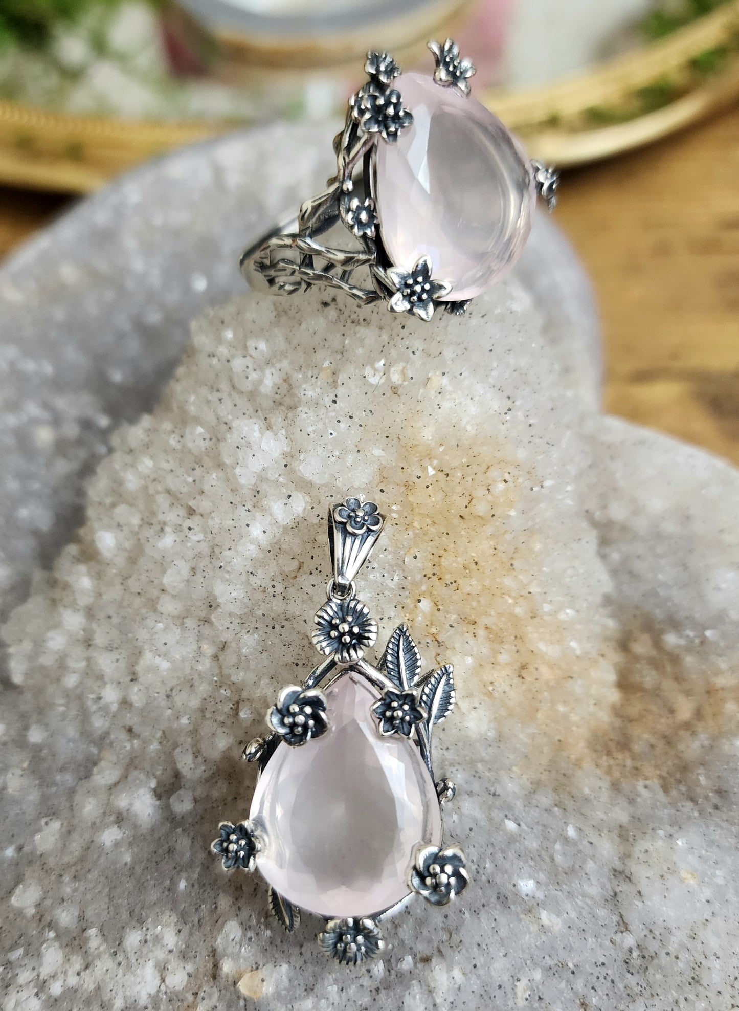 Faceted Rose Quartz Ring and Pendant Set