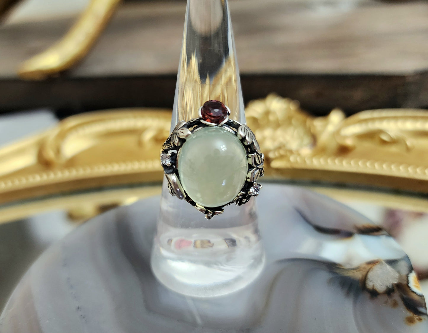 Prehnite and Garnet Ring