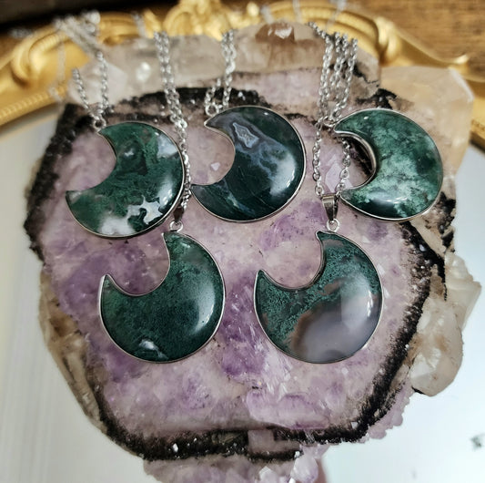 Moss Agate Moon Pendant