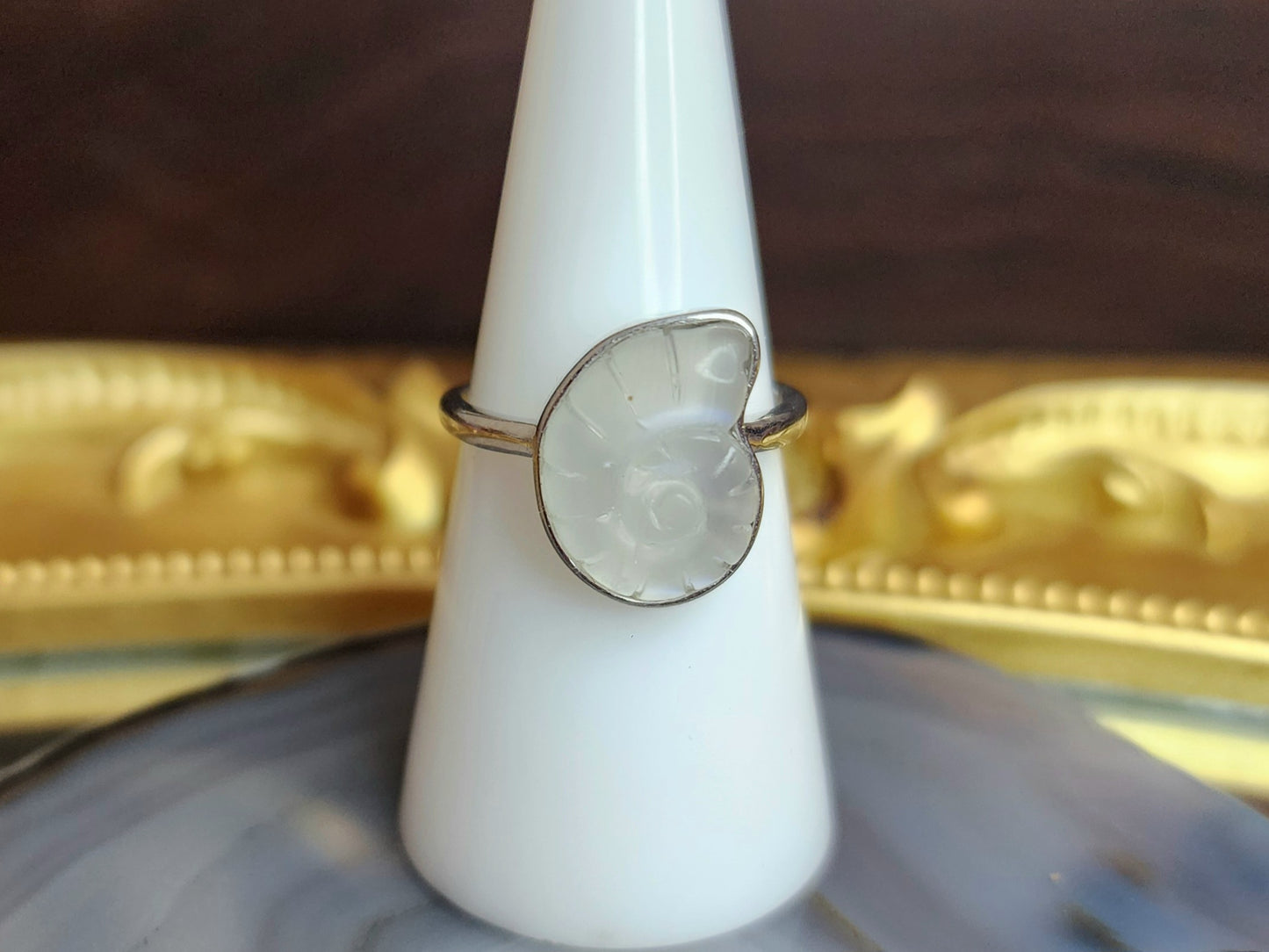 Rainbow Moonstone Shell Ring