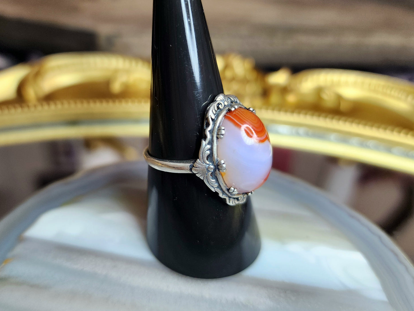 White and Orange Banded Agate Ring