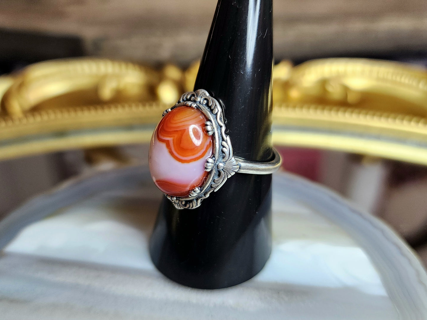 White and Orange Banded Agate Ring