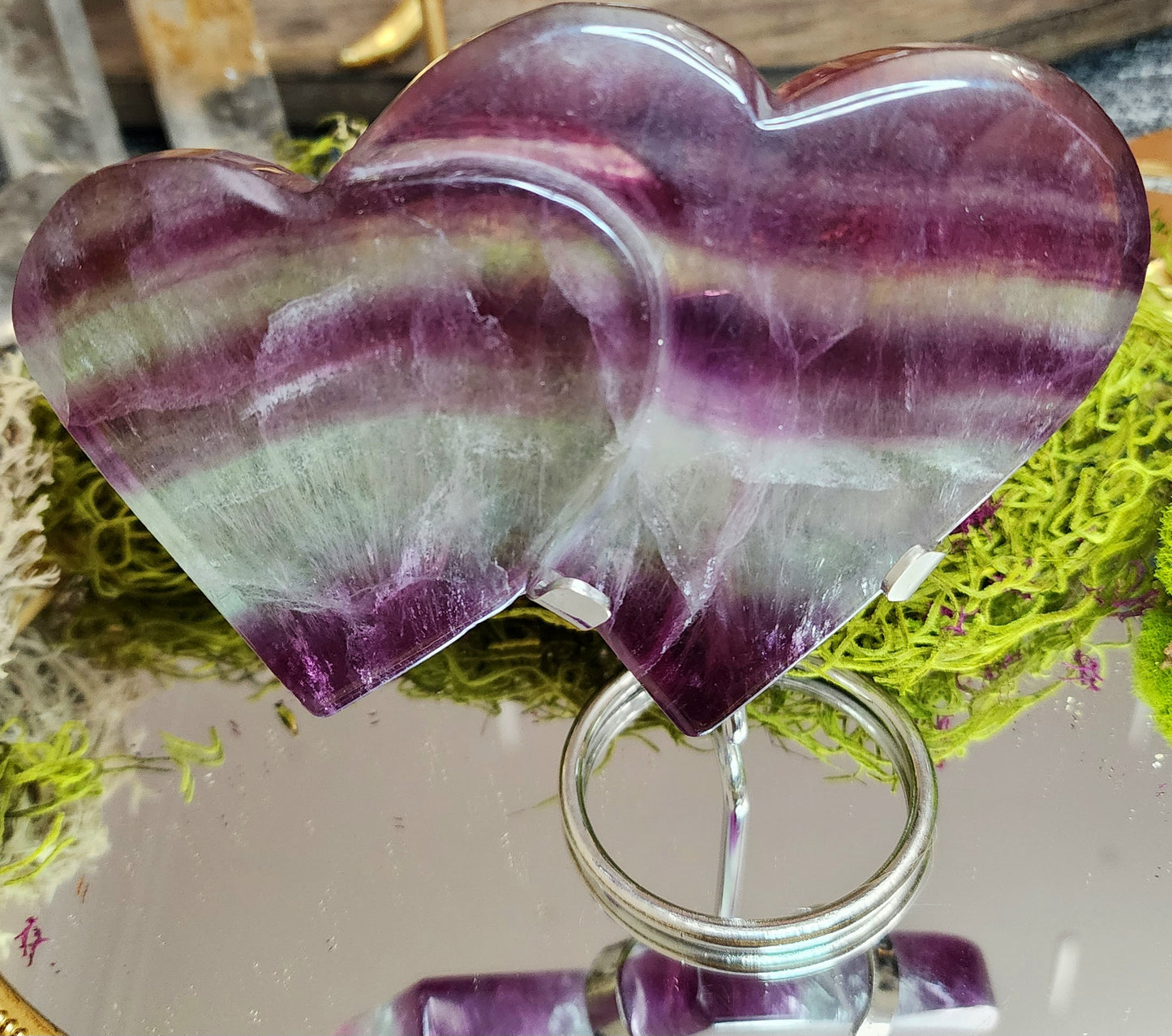 Purple and Blue Fluorite Double Hearts