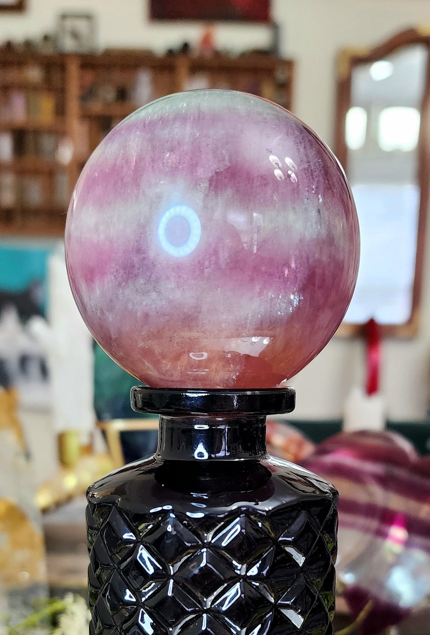 Candy Fluorite Sphere on Black Vase