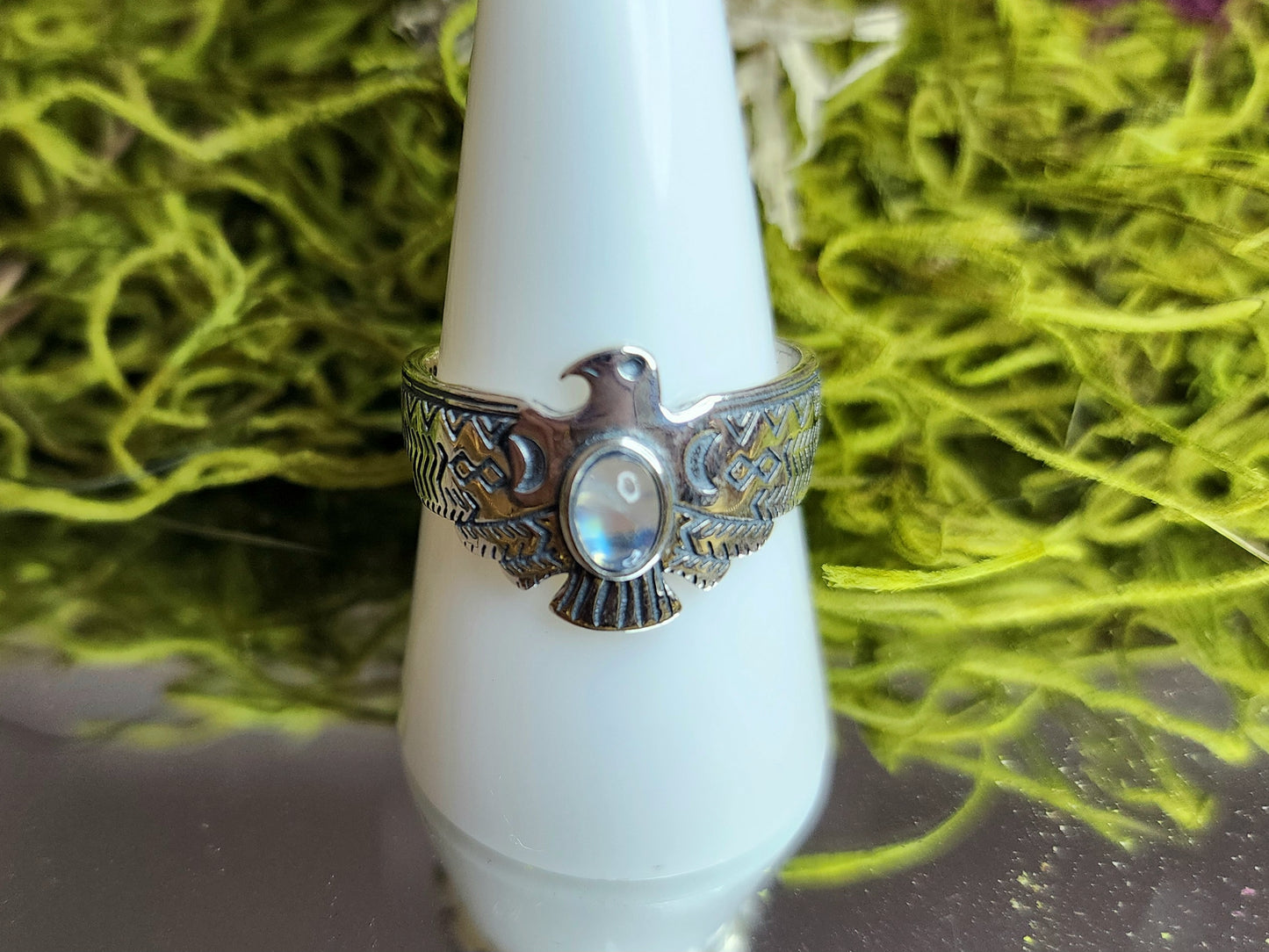 Rainbow Moonstone Eagle Ring