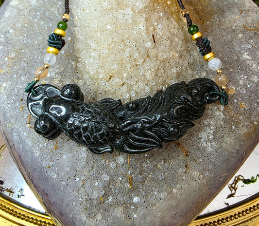 Black Jade Fish Pendant Necklace