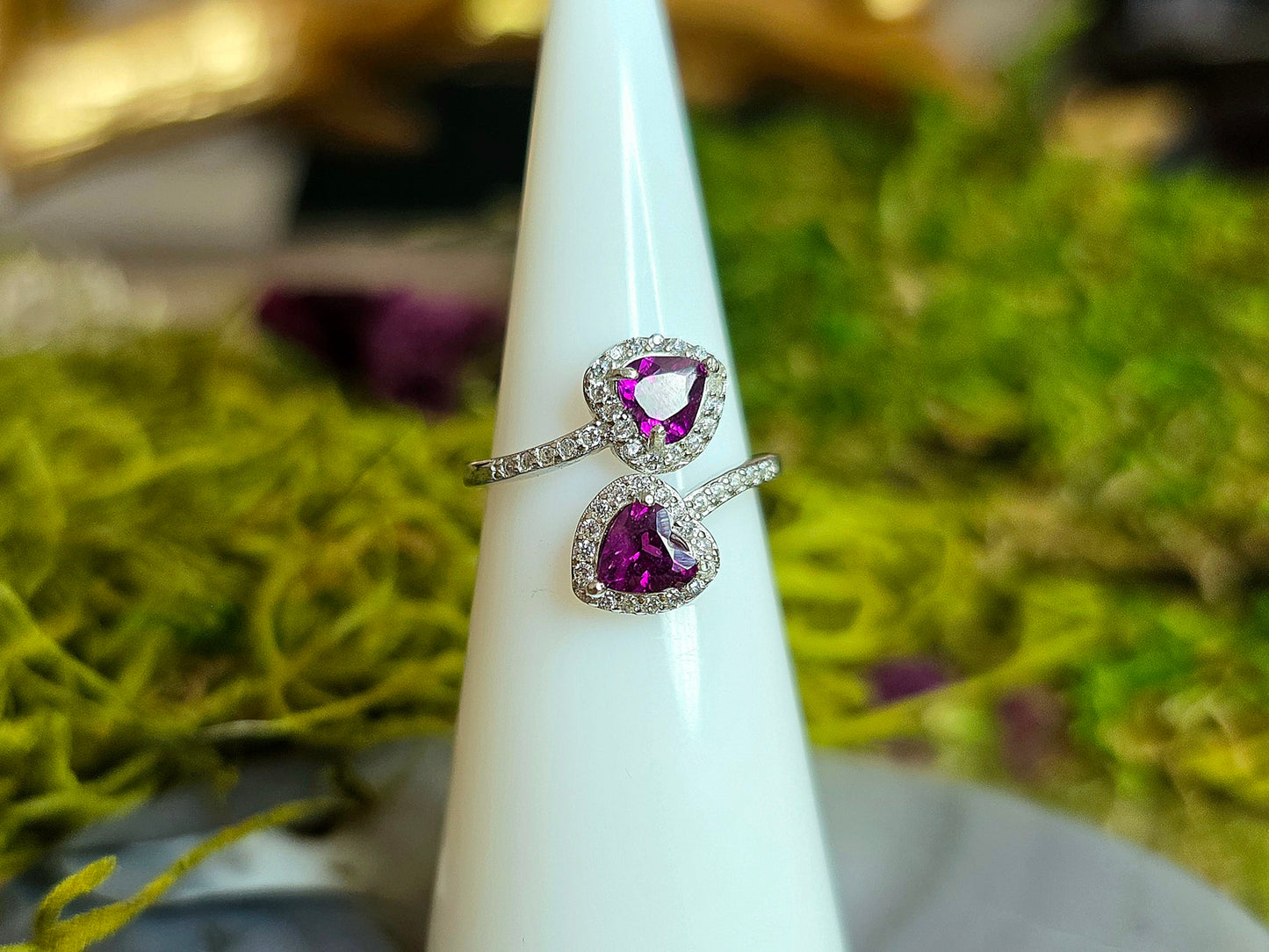 Double Heart Purple Garnet Ring