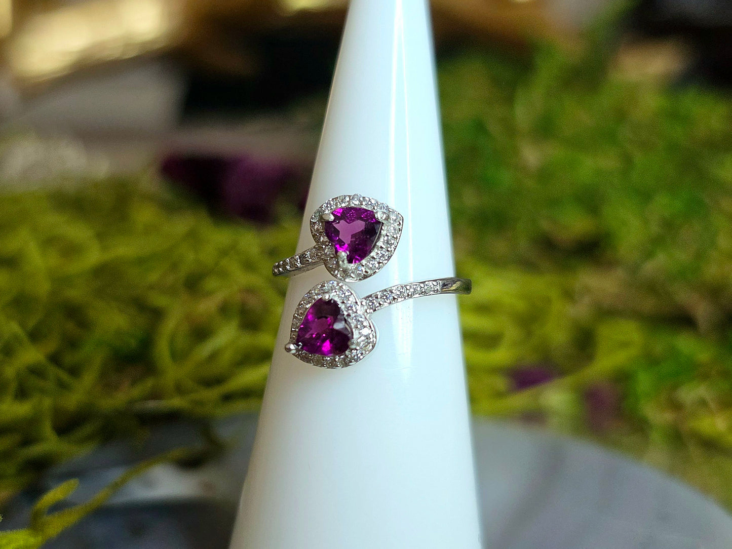 Double Heart Purple Garnet Ring