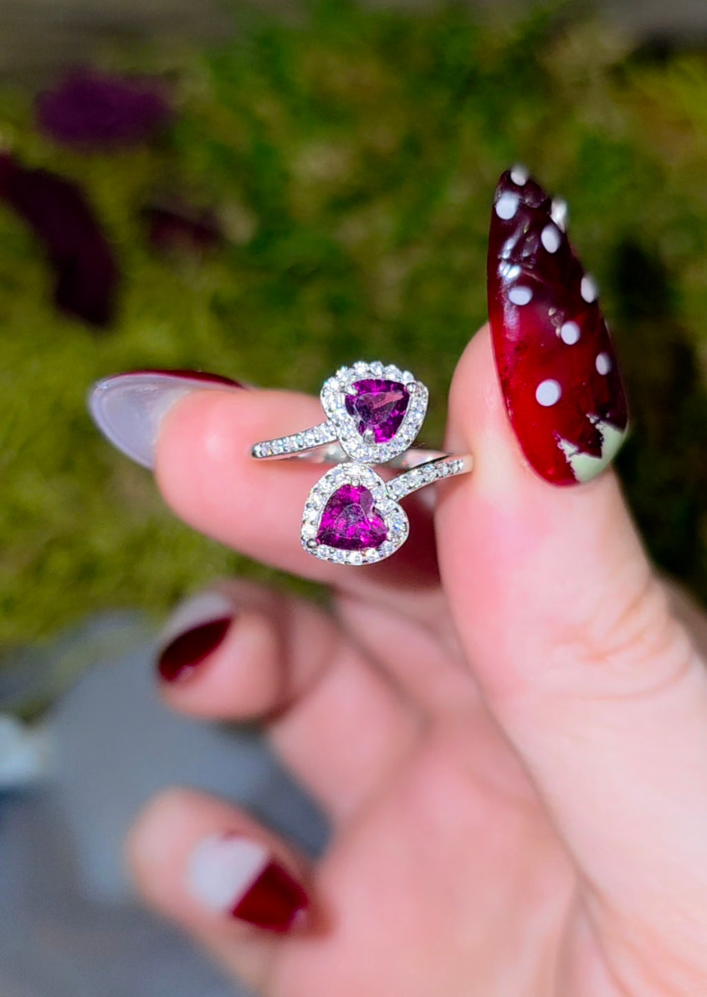 Double Heart Purple Garnet Ring