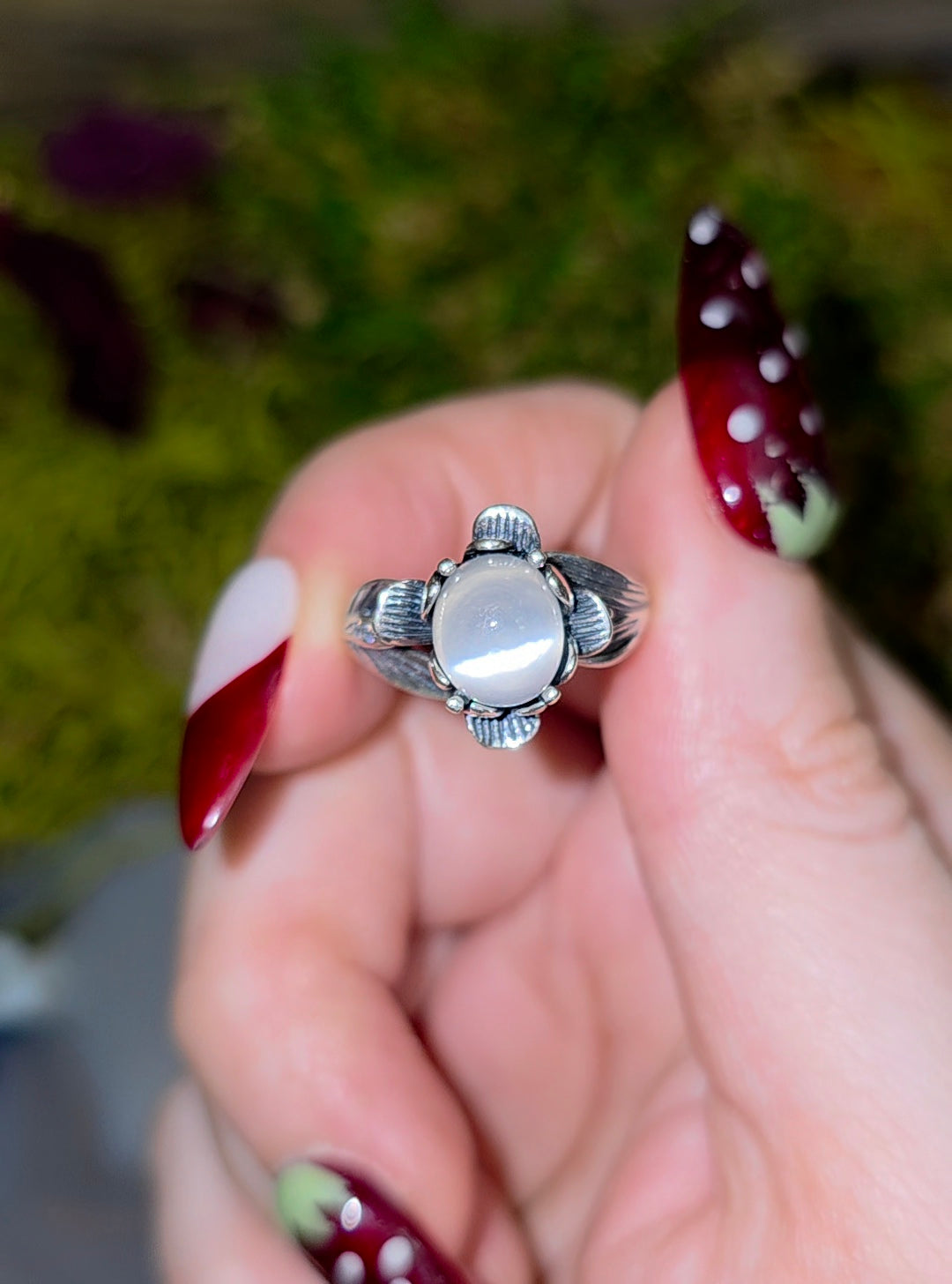 White Moonstone Flower Ring
