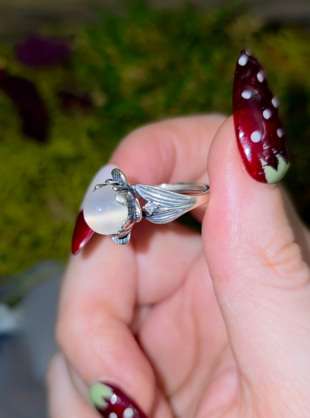 White Moonstone Flower Ring