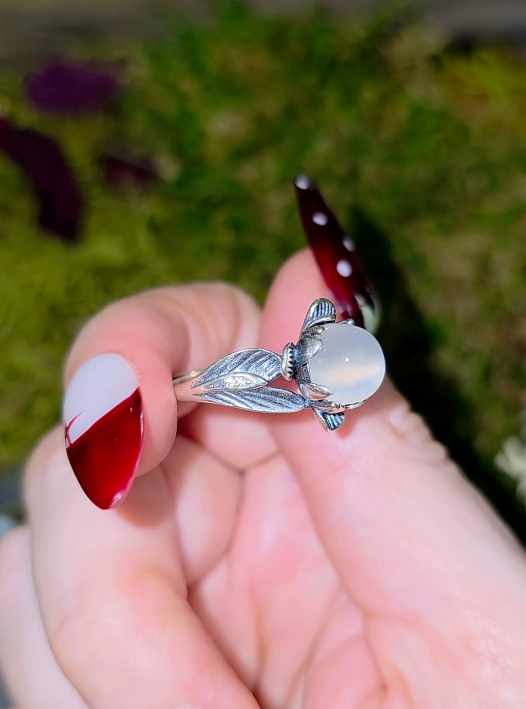 White Moonstone Flower Ring