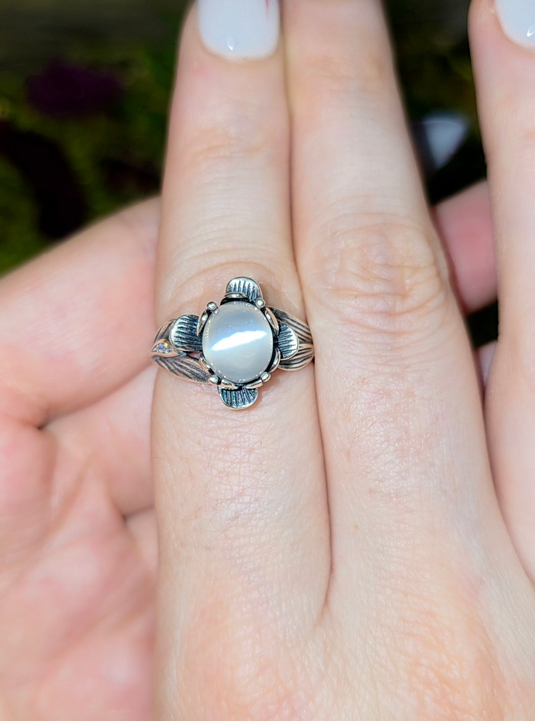 White Moonstone Flower Ring