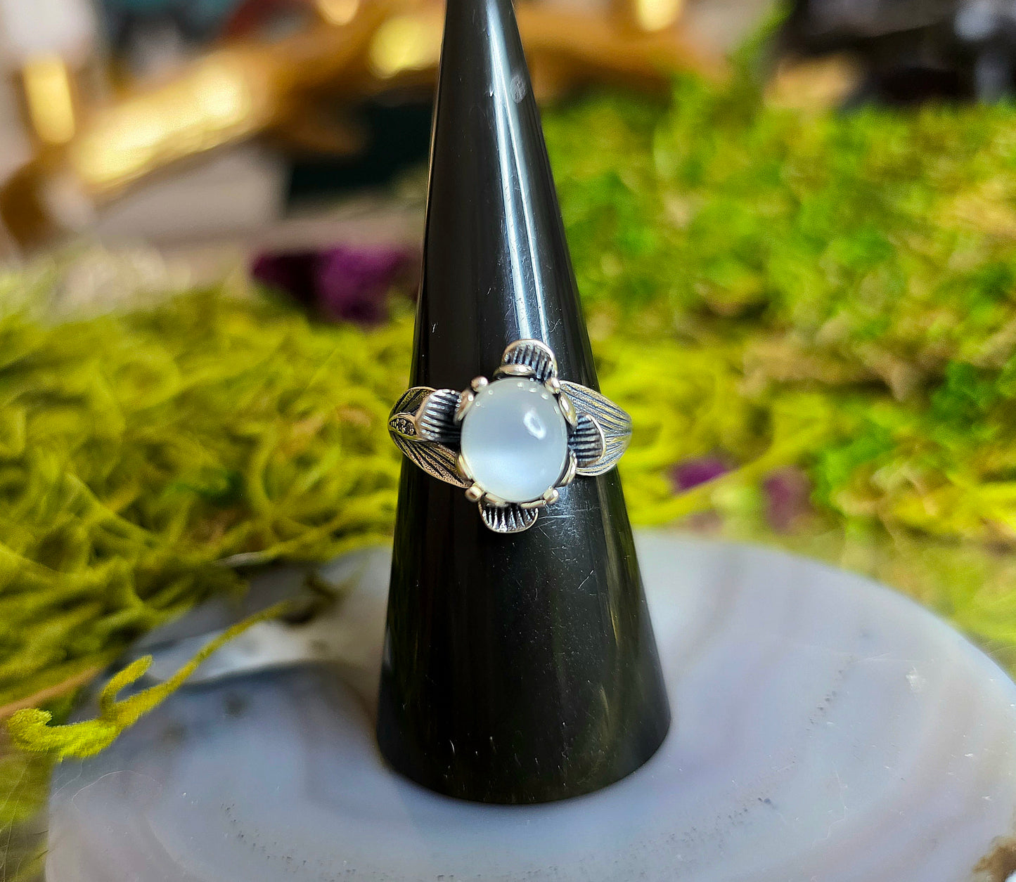 White Moonstone Flower Ring