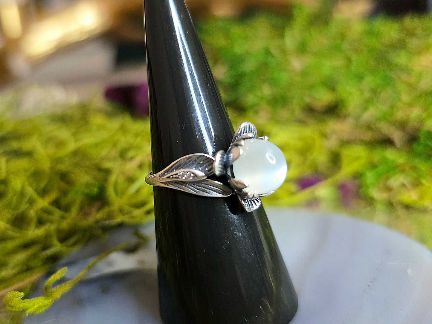 White Moonstone Flower Ring