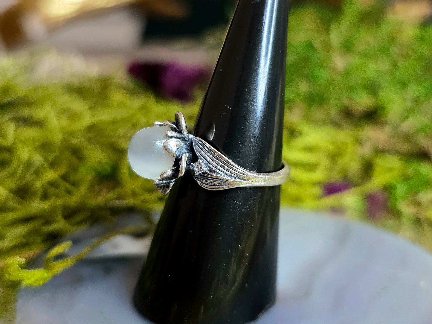 White Moonstone Flower Ring