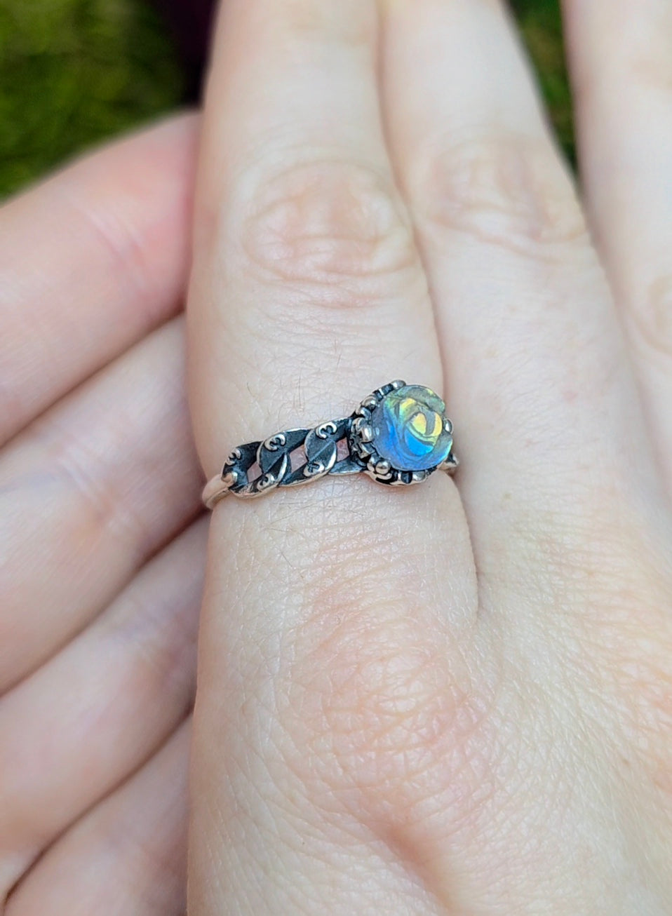 Blue and Yellow Flash Flower Labradorite Ring