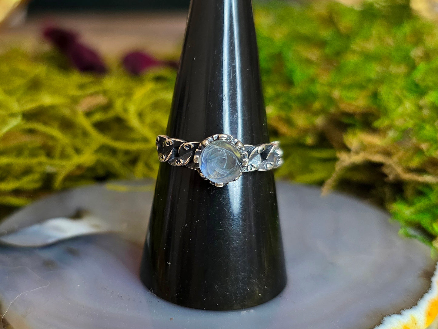Blue and Yellow Flash Flower Labradorite Ring