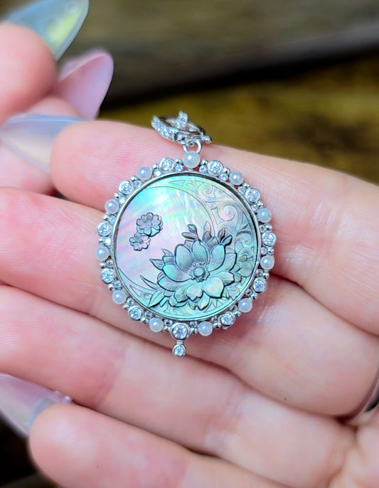 Black Shell Moon and Flower Pendant