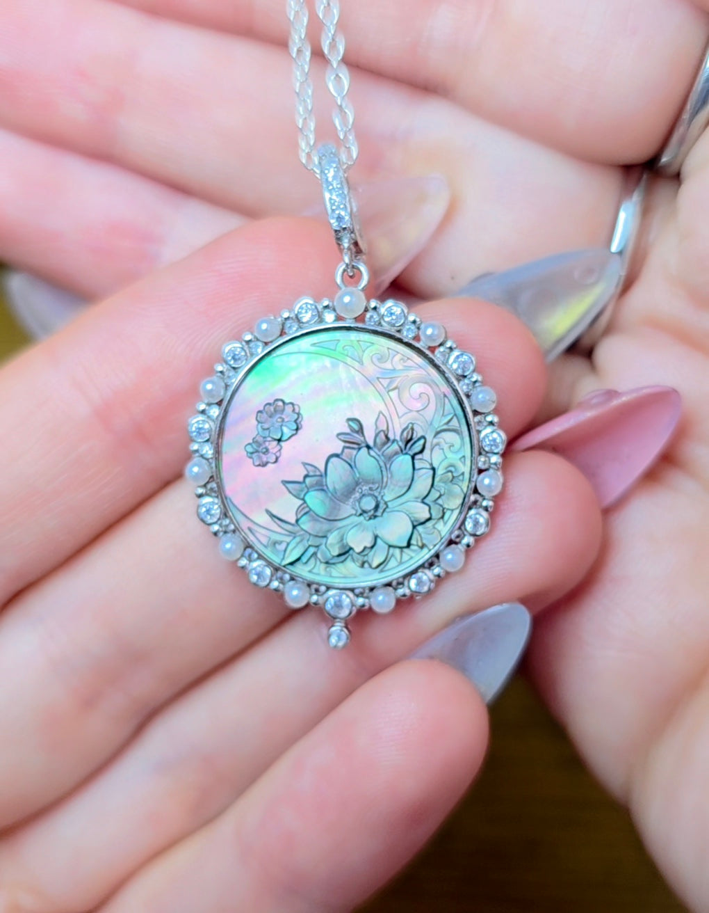 Black Shell Moon and Flower Pendant