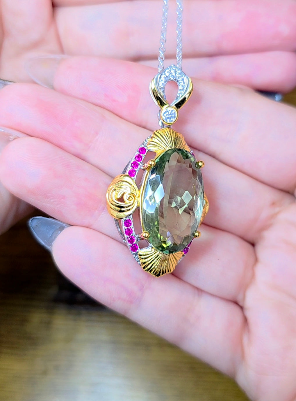 Prasiolite and Ruby Pendant