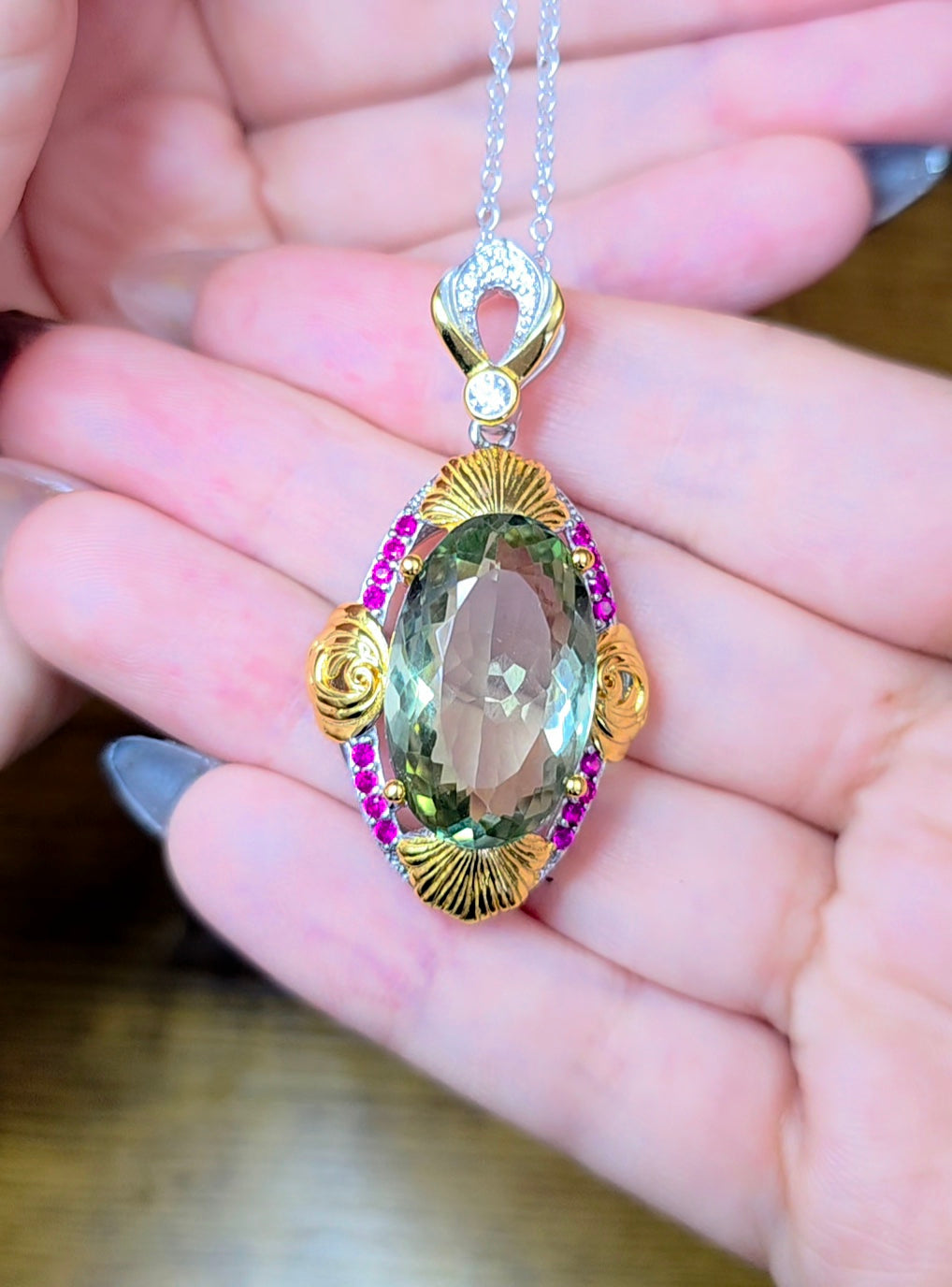Prasiolite and Ruby Pendant