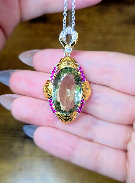 Prasiolite and Ruby Pendant