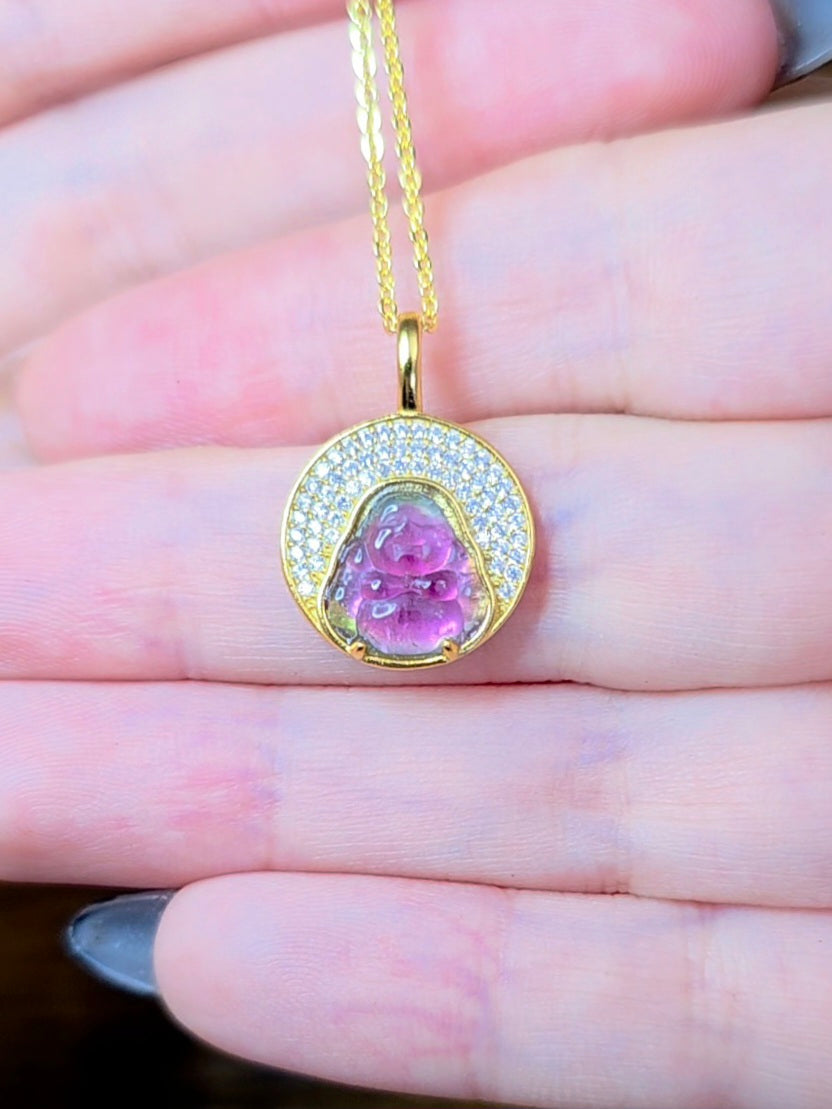 Watermelon Tourmaline Buddah Necklace