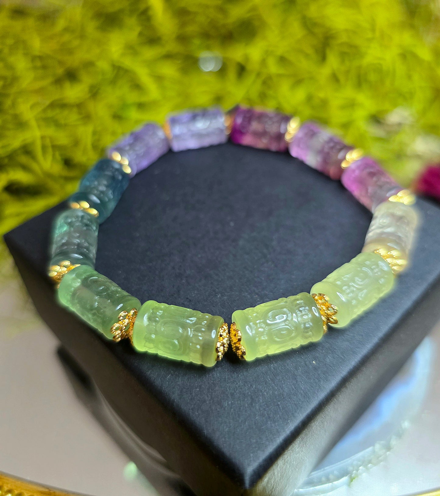 13x7mm Carved Fluorite Stretch Bracelet A