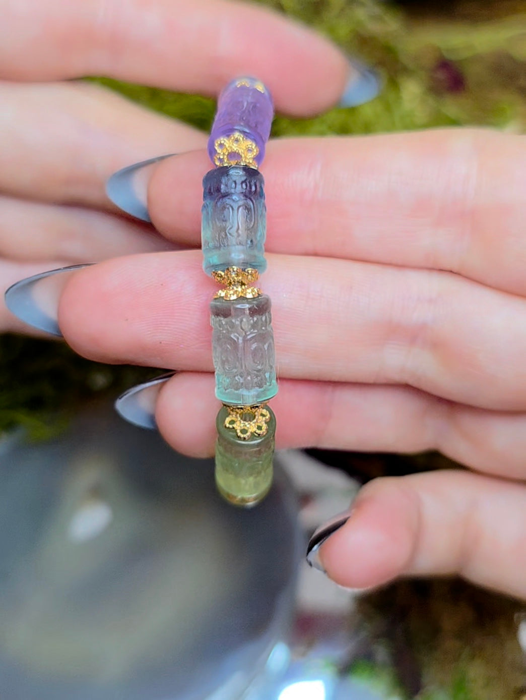 13x7mm Carved Fluorite Stretch Bracelet A