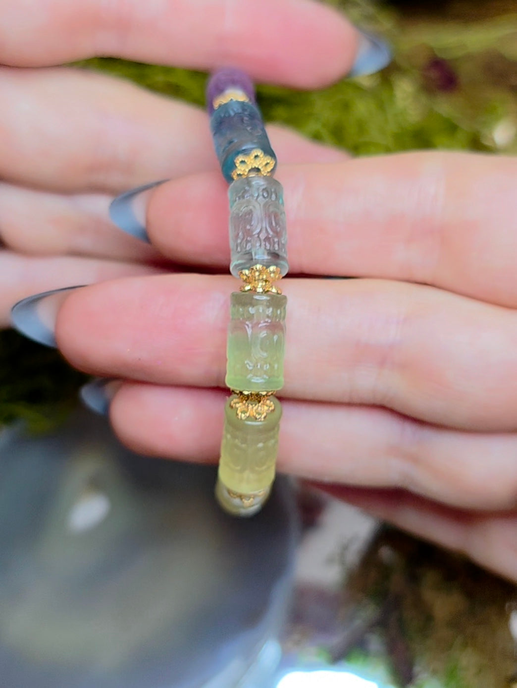 13x7mm Carved Fluorite Stretch Bracelet A