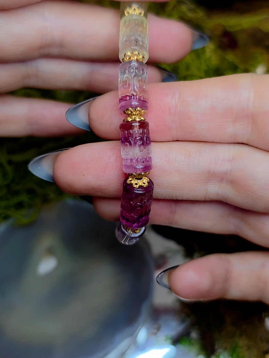 13x7mm Carved Fluorite Stretch Bracelet A