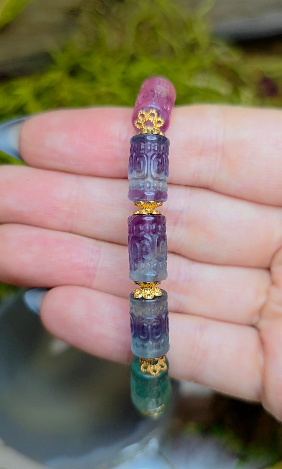 13x7mm Carved Fluorite Stretch Bracelet B