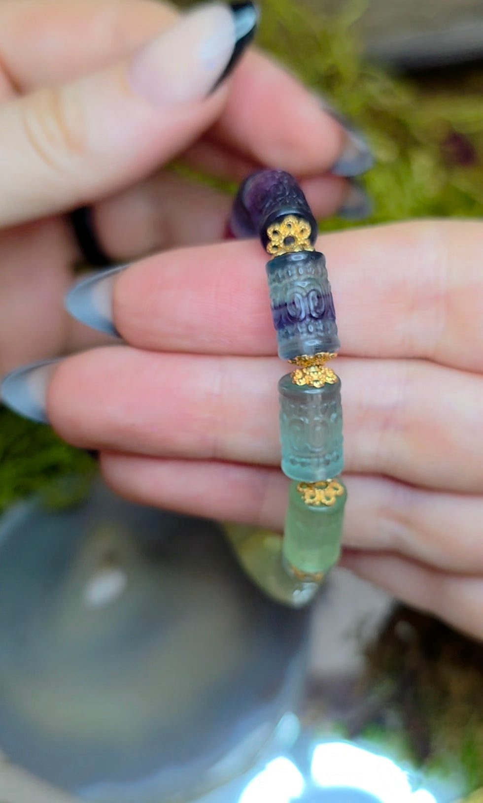13x7mm Carved Fluorite Stretch Bracelet B