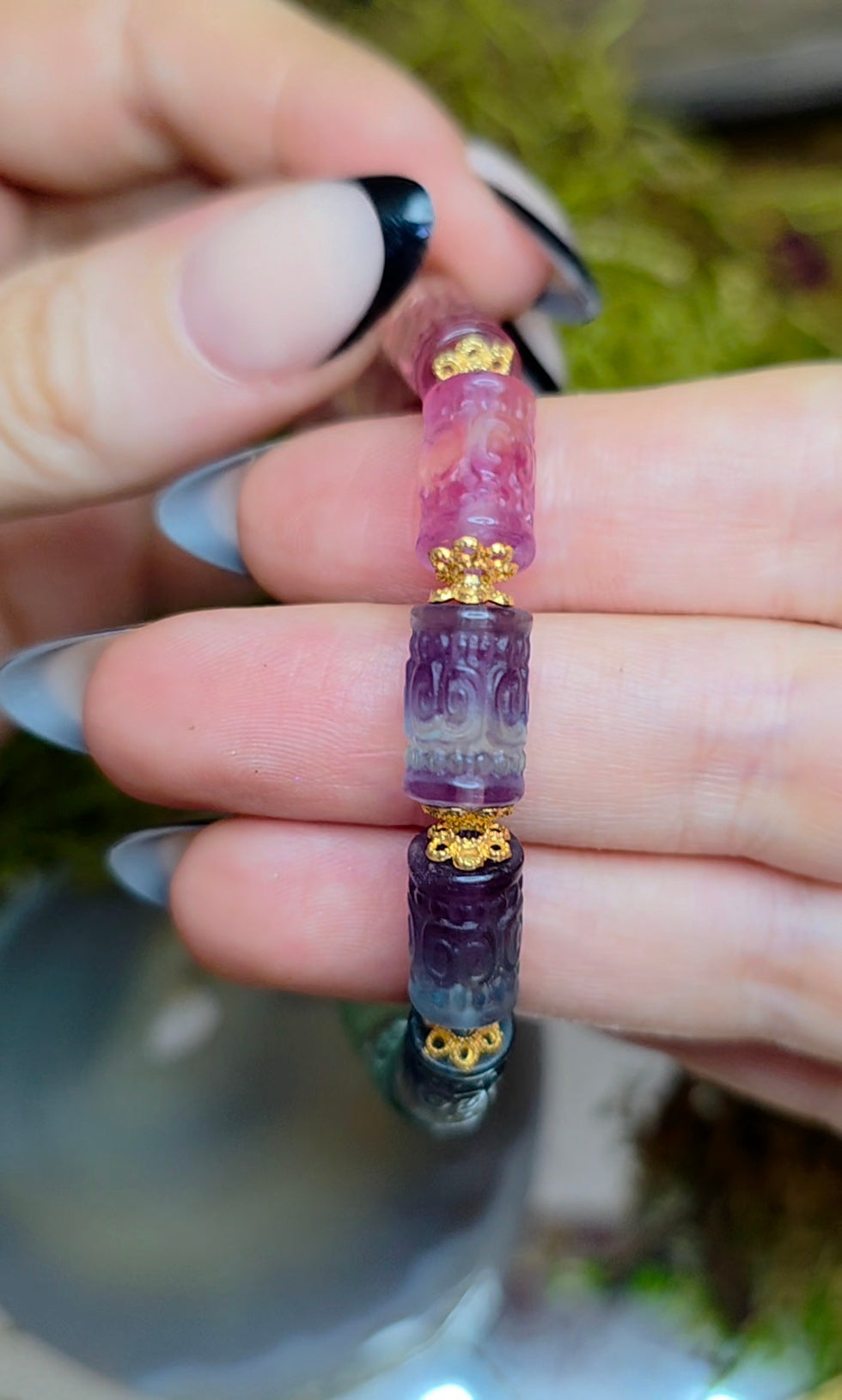 13x7mm Carved Fluorite Stretch Bracelet B