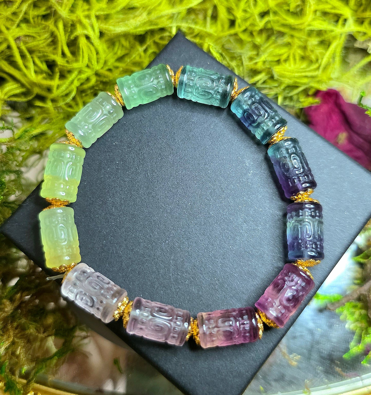 13x7mm Carved Fluorite Stretch Bracelet B
