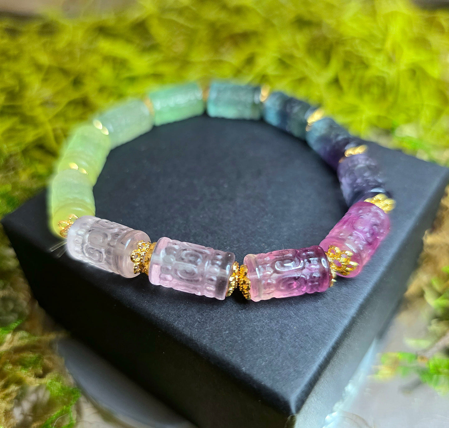 13x7mm Carved Fluorite Stretch Bracelet B