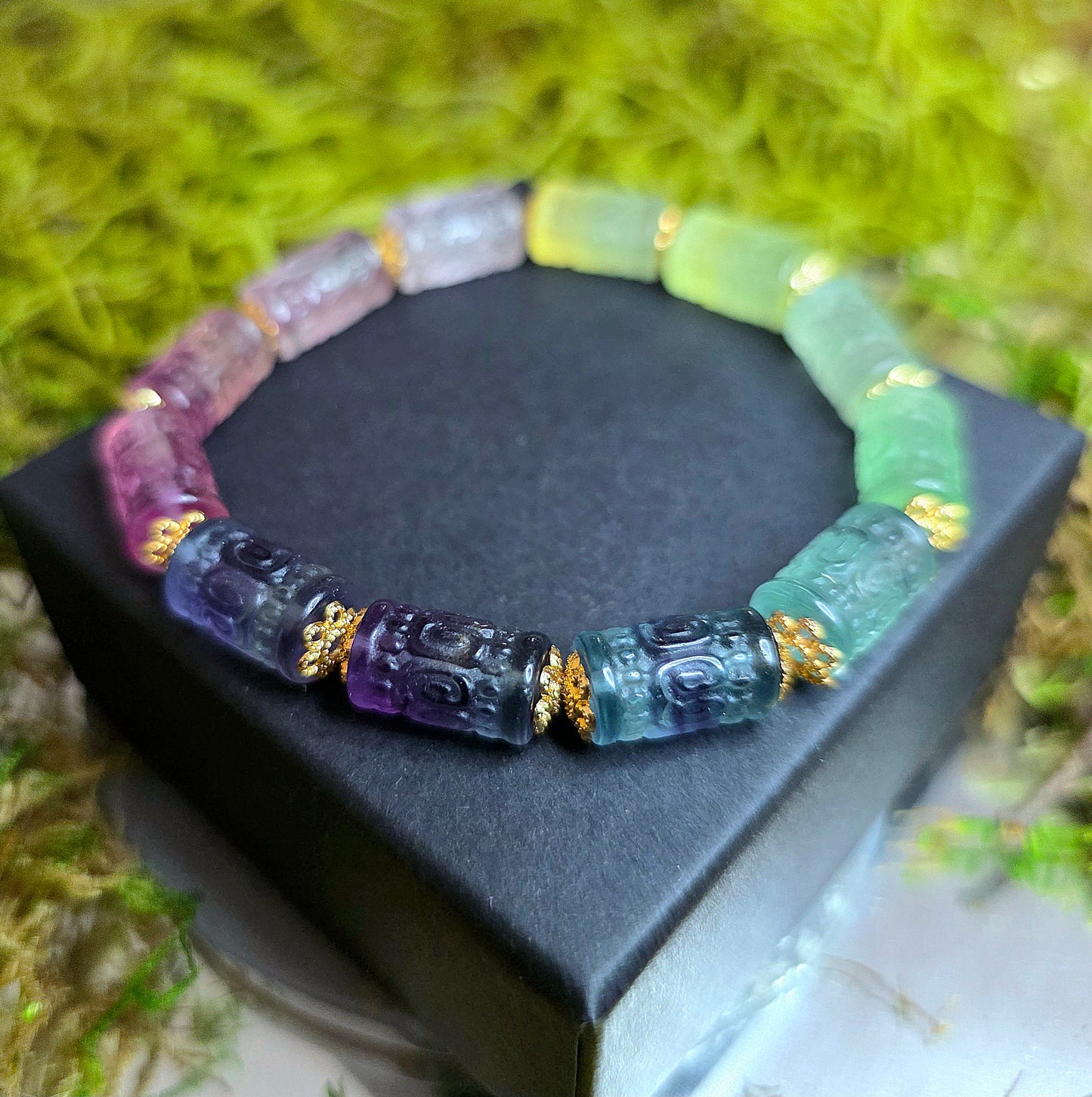 13x7mm Carved Fluorite Stretch Bracelet B