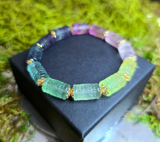 13x7mm Carved Fluorite Stretch Bracelet C