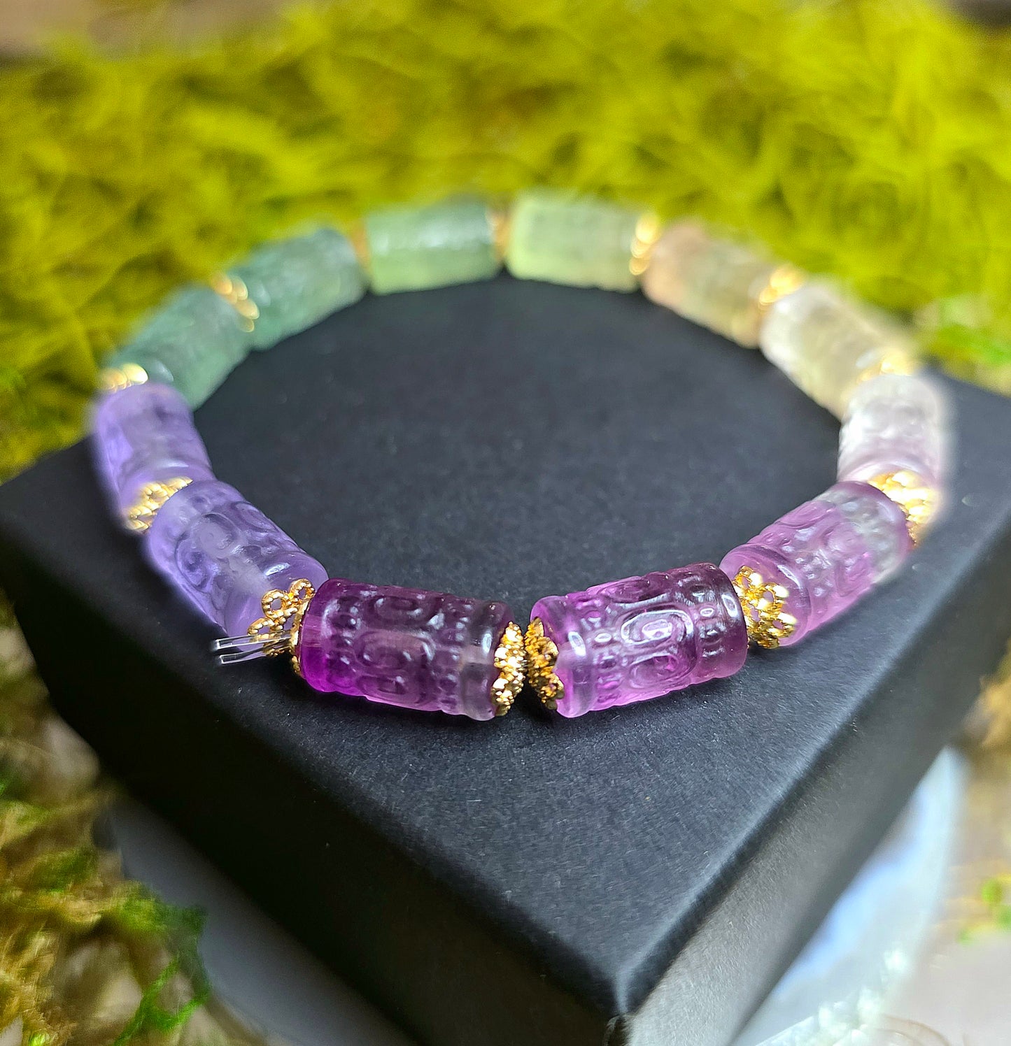 13x7mm Carved Fluorite Stretch Bracelet C