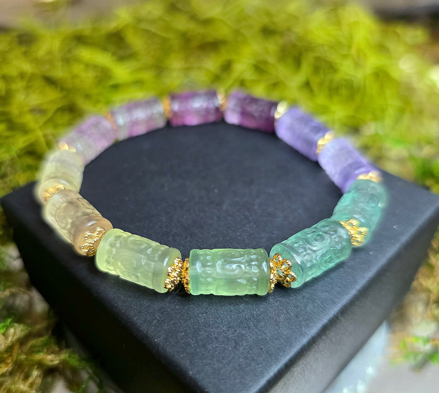 13x7mm Carved Fluorite Stretch Bracelet C