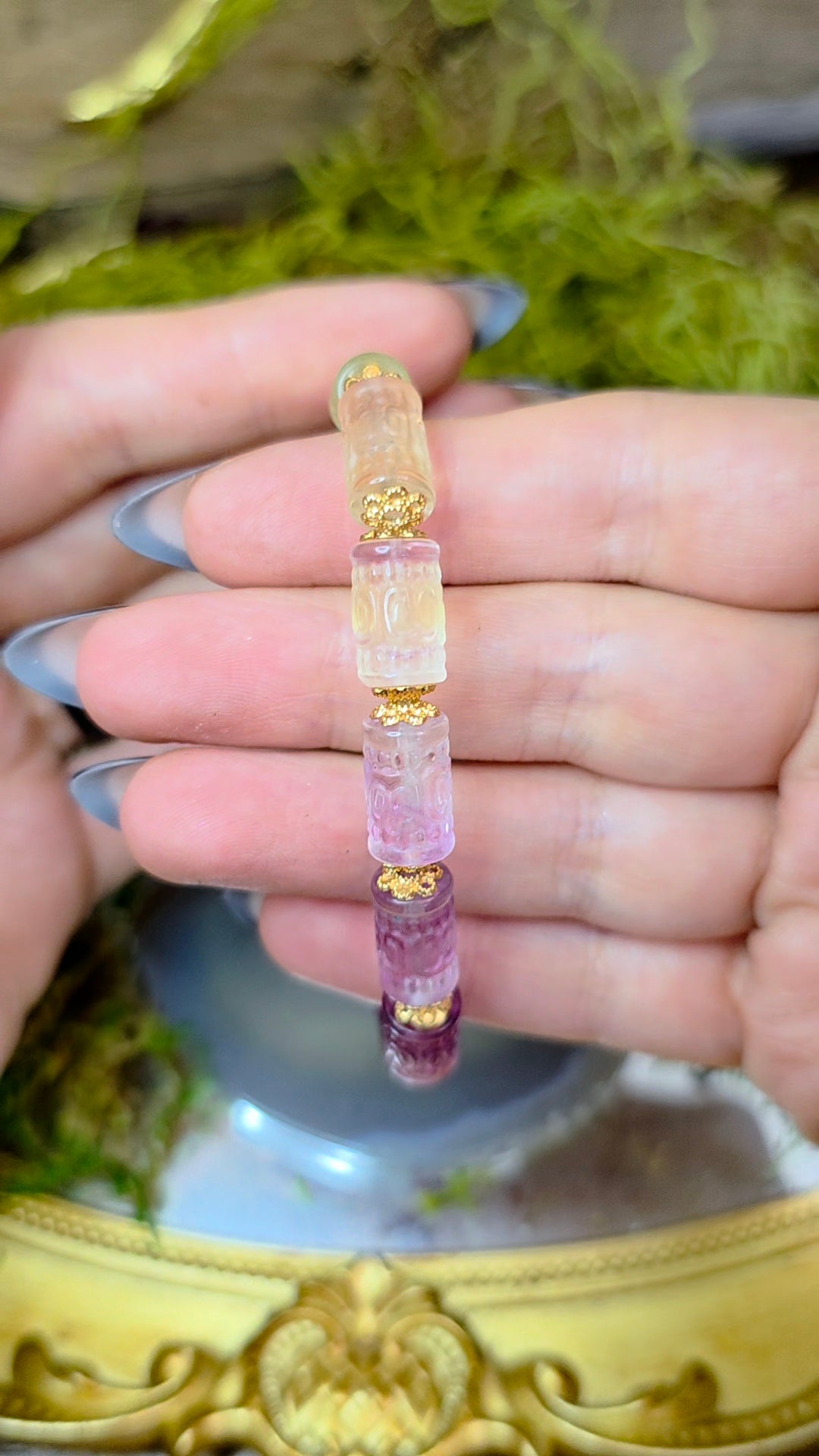 13x7mm Carved Fluorite Stretch Bracelet C