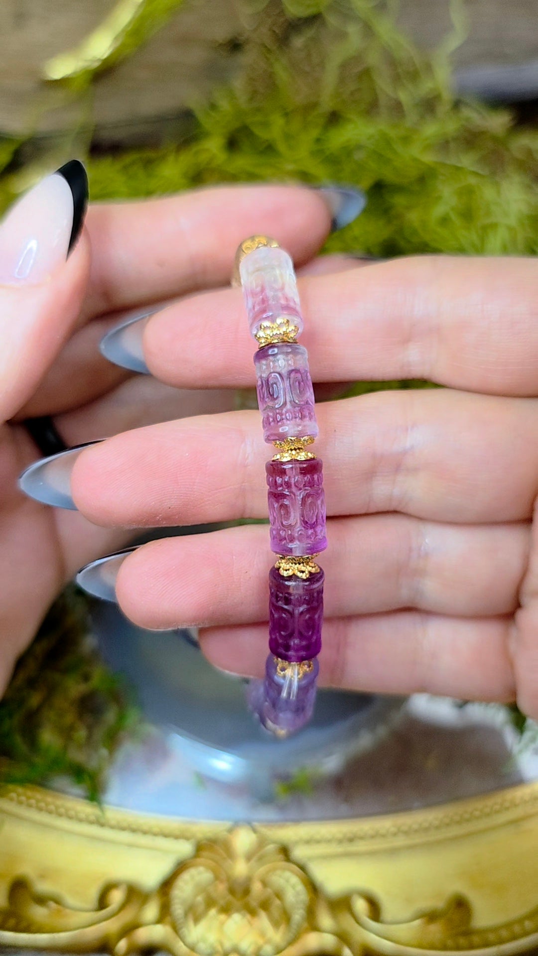 13x7mm Carved Fluorite Stretch Bracelet C