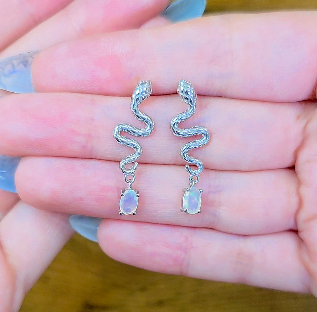 White Opal Snake Earrings